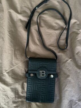 Balmain Black Embossed Leather Crossbody Phone Pouch with 'B' Logo